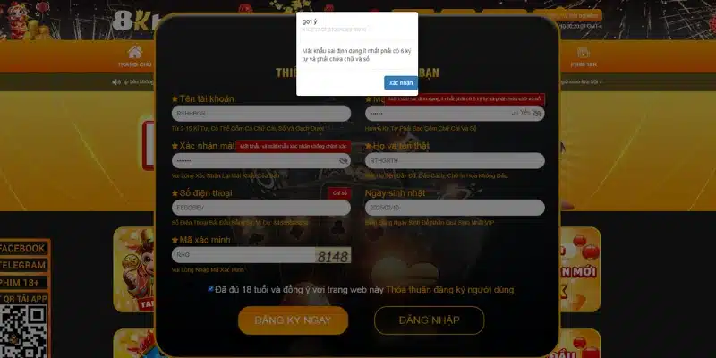 Đăng ký 8KBET không thành công do nhập sai định dạng 